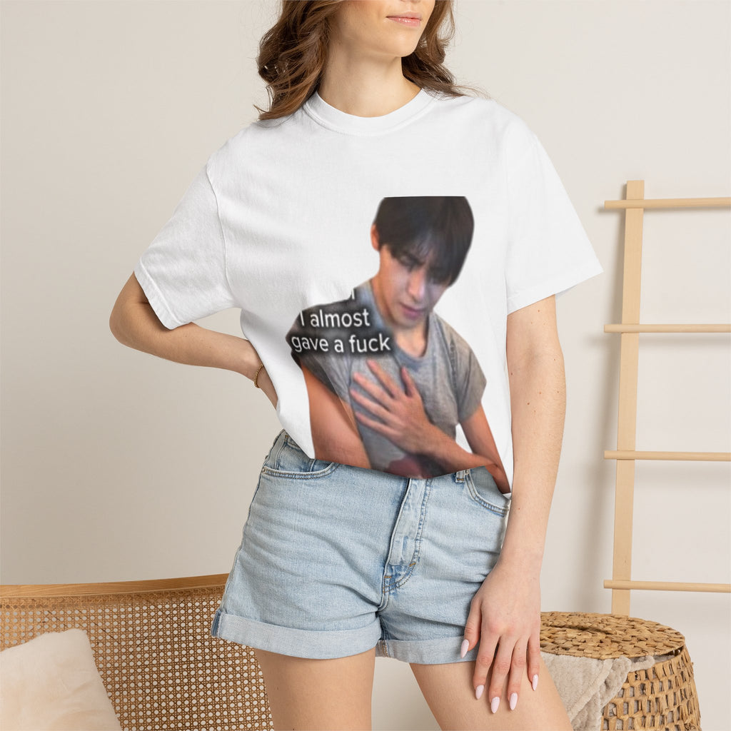 T-Shirt — 'I Almost Gave a F***' Meme Graphic Tee (Front Photo, Back "LOOK DIFFERENT")