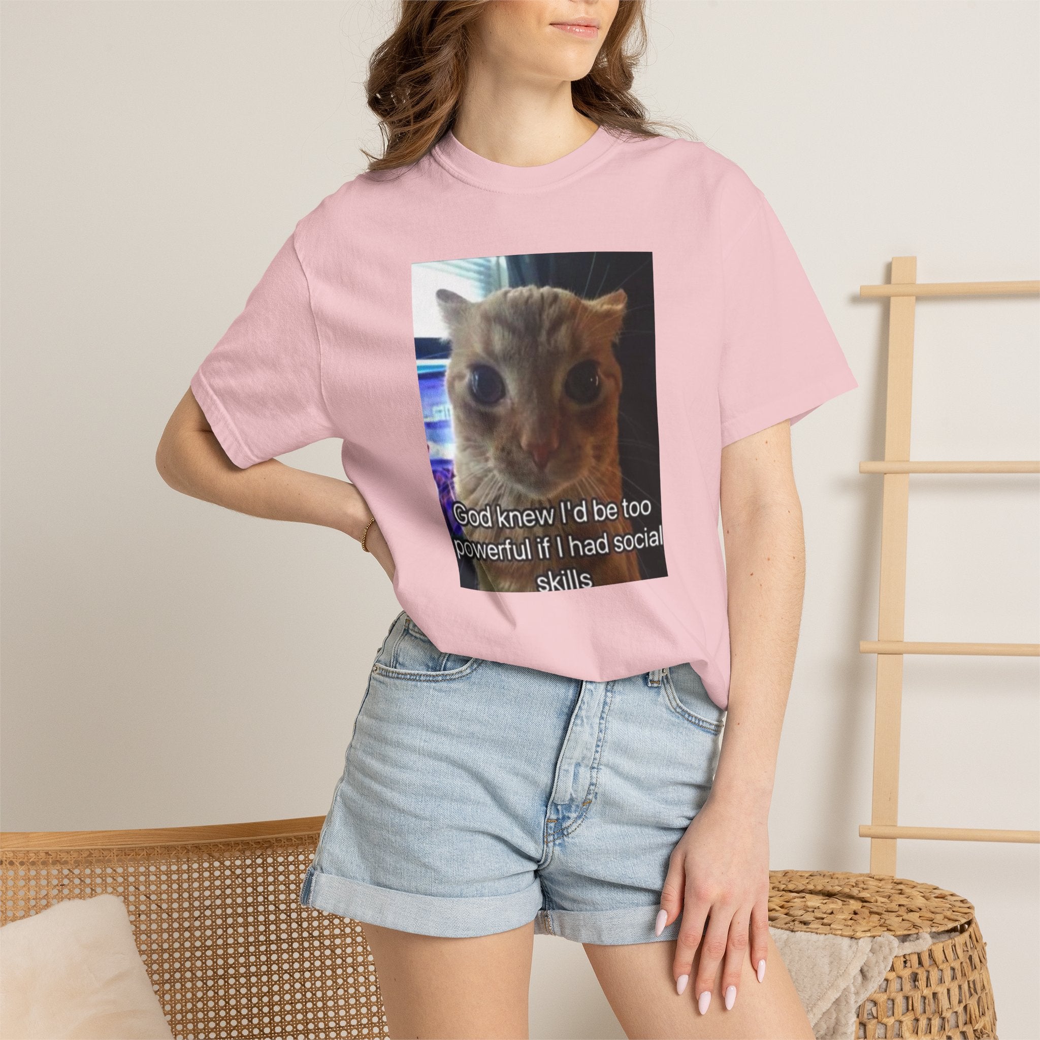 Cat Meme Graphic T-Shirt — "God knew I'd be too powerful if I had social skills" | Look Different Back Print
