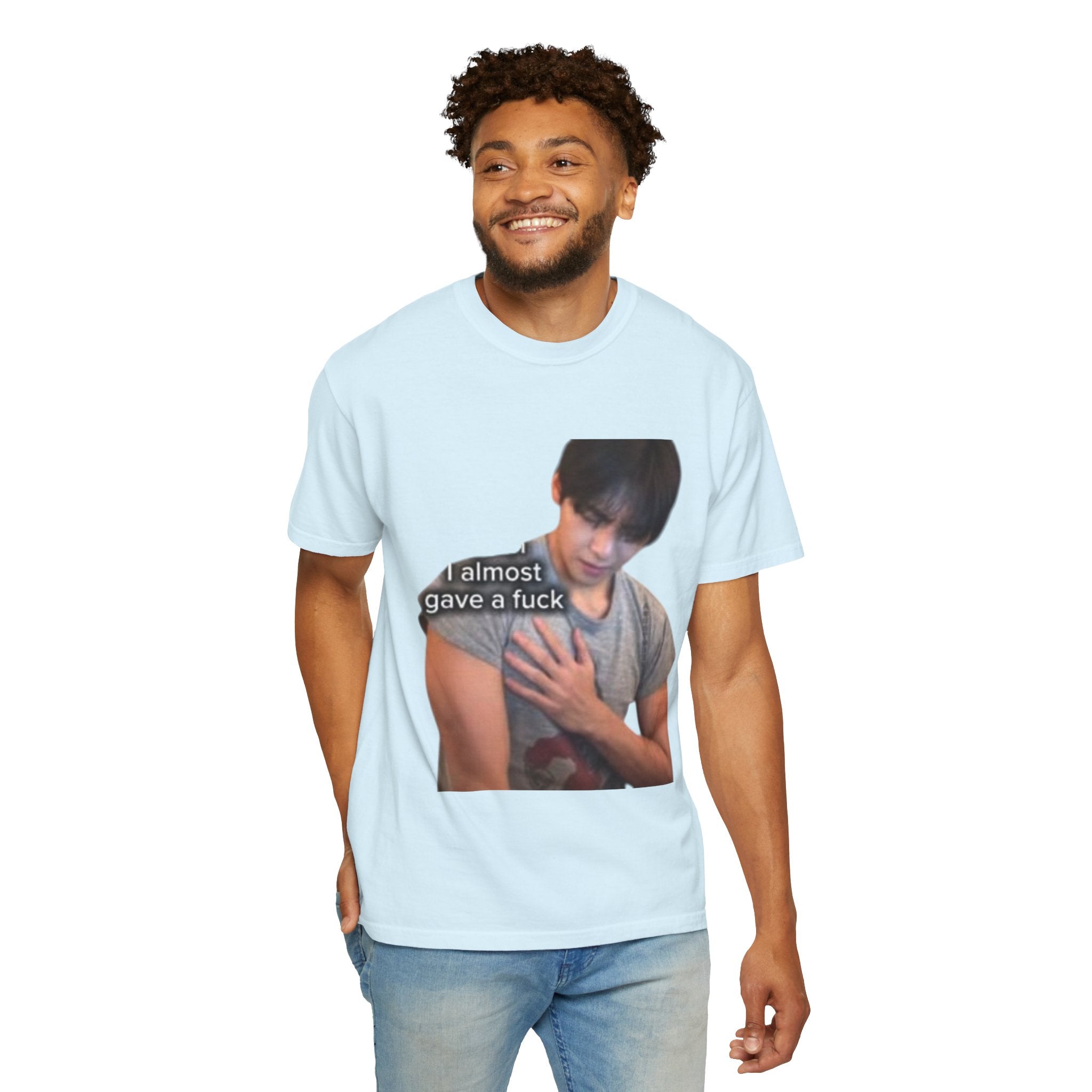 T-Shirt — 'I Almost Gave a F***' Meme Graphic Tee (Front Photo, Back "LOOK DIFFERENT")