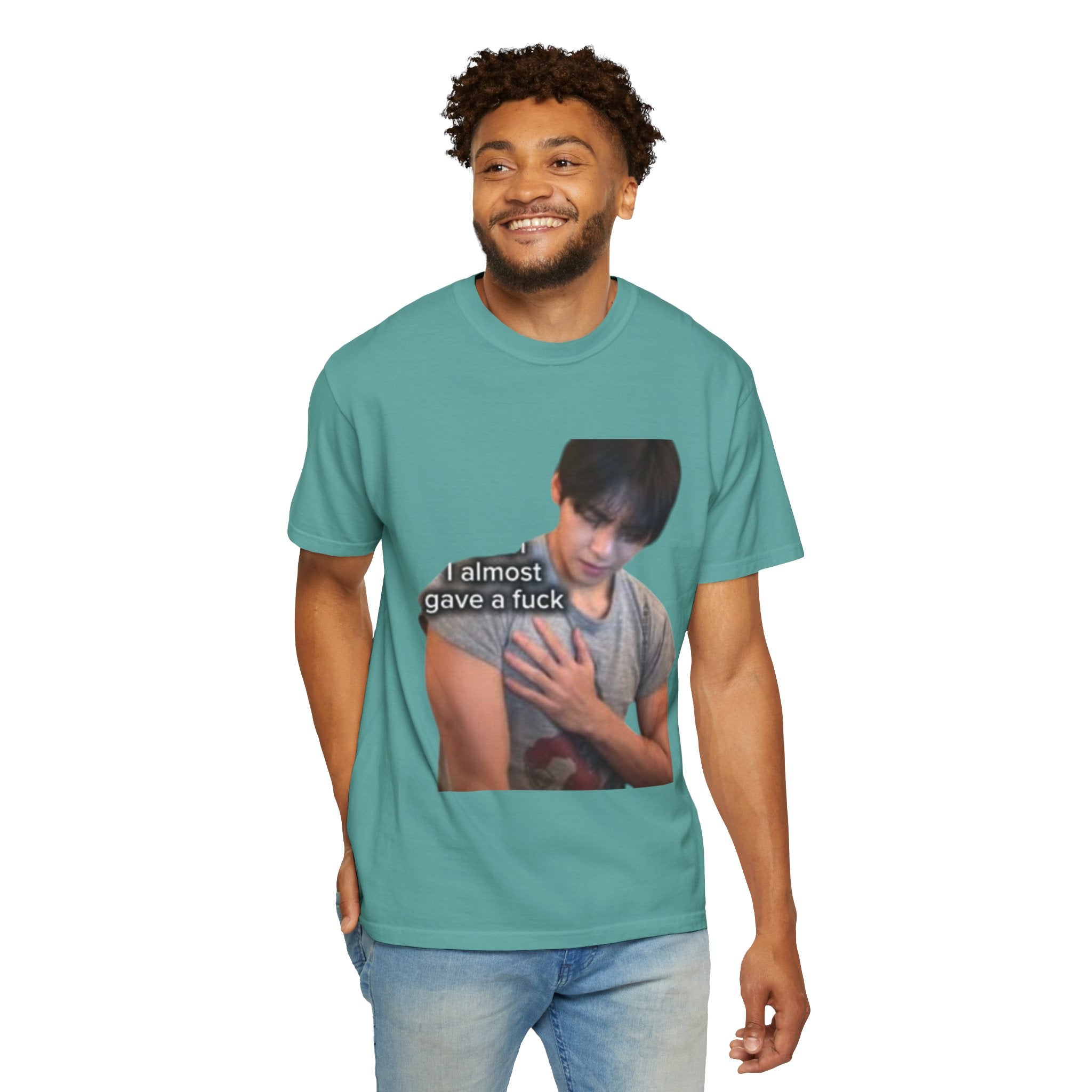 T-Shirt — 'I Almost Gave a F***' Meme Graphic Tee (Front Photo, Back "LOOK DIFFERENT")