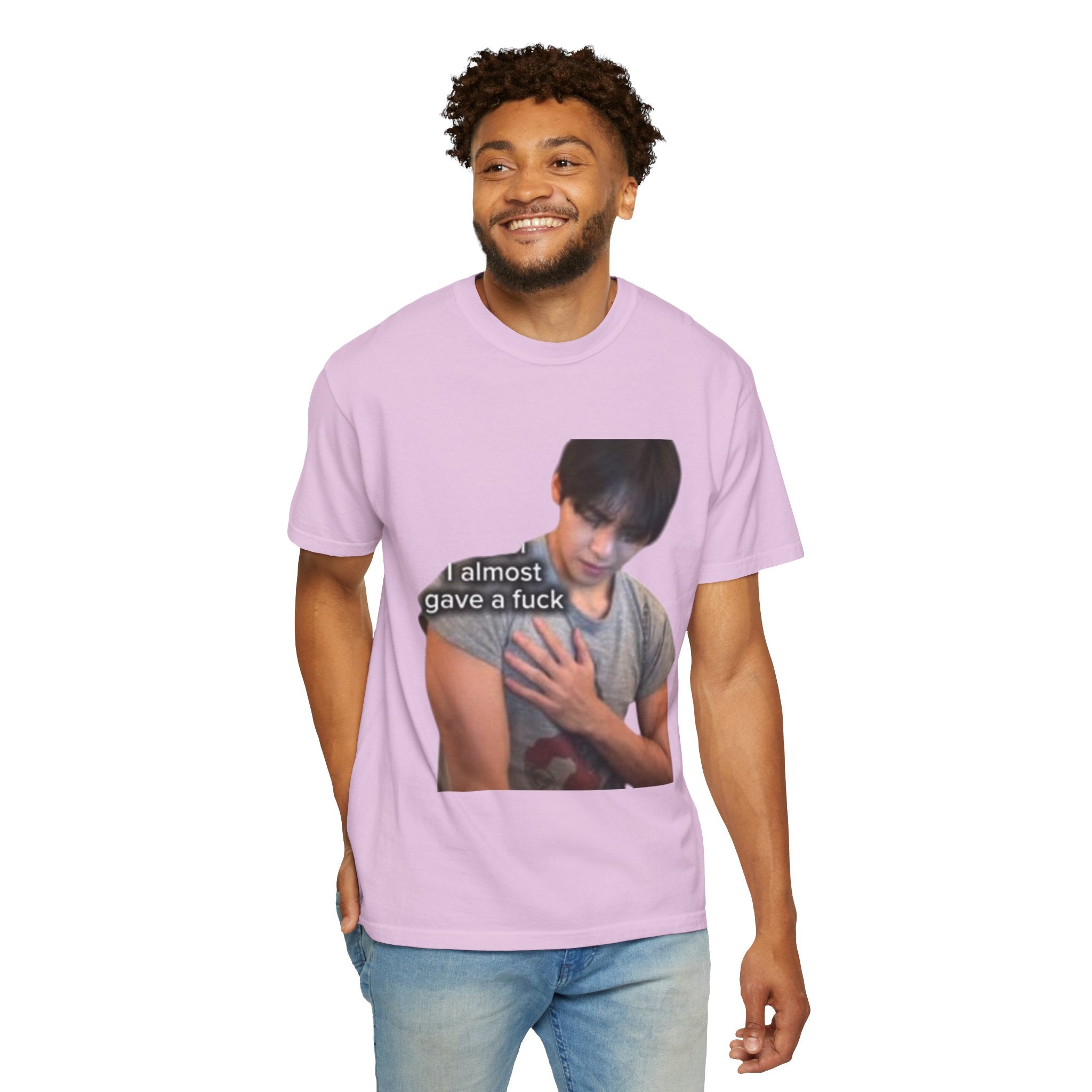 T-Shirt — 'I Almost Gave a F***' Meme Graphic Tee (Front Photo, Back "LOOK DIFFERENT")