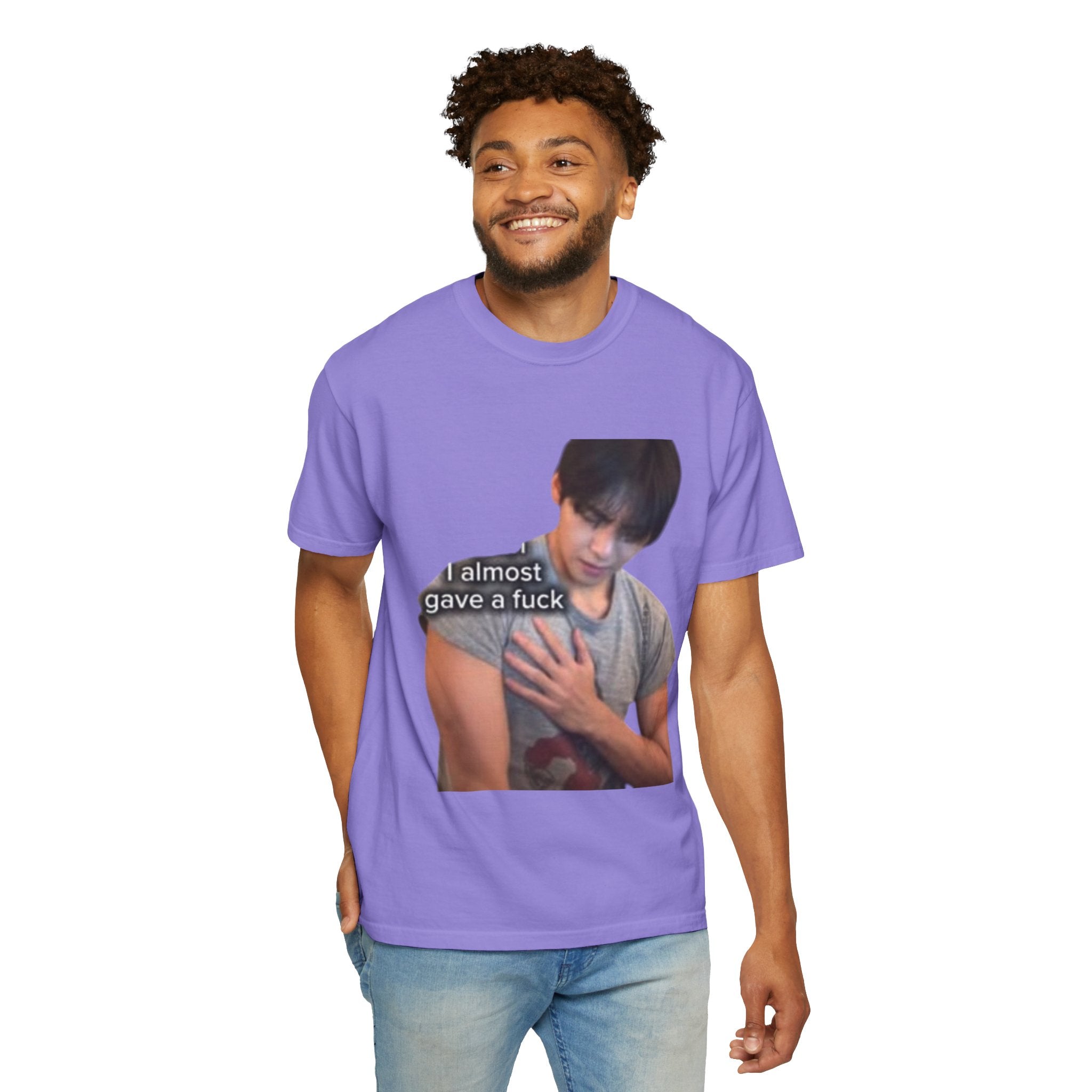 T-Shirt — 'I Almost Gave a F***' Meme Graphic Tee (Front Photo, Back "LOOK DIFFERENT")